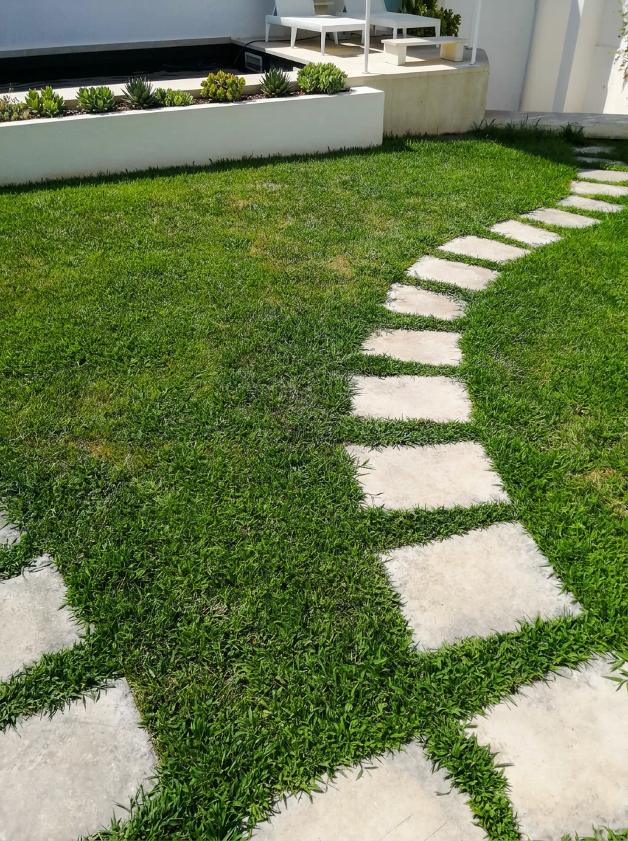 Prato curato con camminamento in pietra in un giardino privato seguito da SOLE