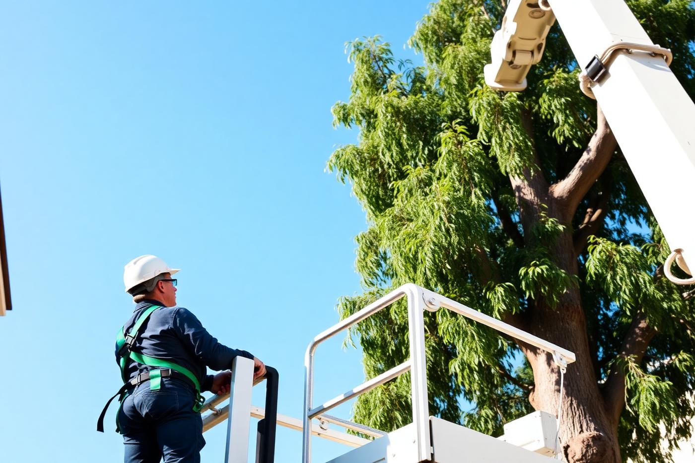 Piattaforma aerea SOLE in posizione di lavoro accanto a un albero di alto fusto